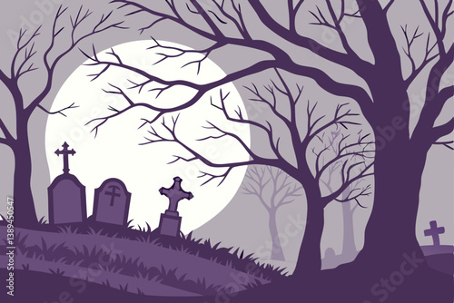 79 Spooky graveyard, full moon, tombstones with crosses, bare trees, dark purple night sky, eerie atmosphere, Halloween scene, shadowy silhouettes, misty moonlight, digital illustration, flat design, 