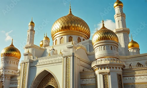 Majestic golden domes of an ornate mosque under a clear blue sky with fluffy clouds