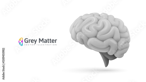 Realistic Monochrome Human Brain with Grey Matter on White Background. Perfect for Medical, Science, and Technology Projects. Vector Illustration.