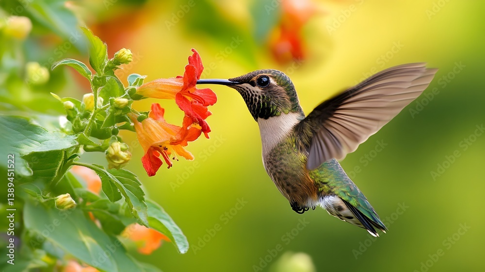 Naklejka premium Hummingbird feeding on flowers in garden