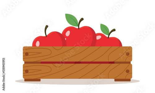 Freshly picked apples in a wooden box with green leaves  Flat cute apple fruit icon clipart cartoon animated vector illustration on white isolated background