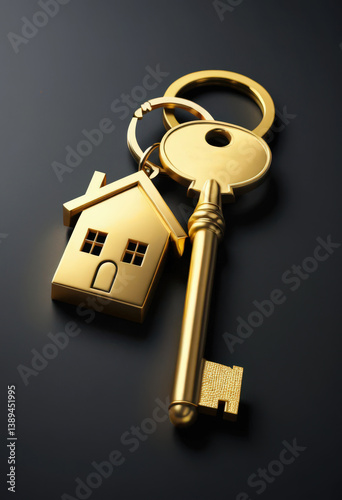 Golden house key with home-shaped keychain on dark background.