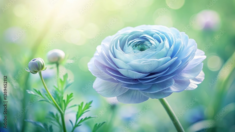 Obraz premium A serene pastel blue flower blossoms in a sunlit garden, delicate petals unfurl amidst soft green foliage, a tranquil scene of springtime beauty.