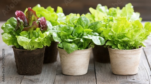 A quintet of vibrant salad greens flourishing in charming pots, embodying freshness and the joy of gardening on a rustic wooden background.