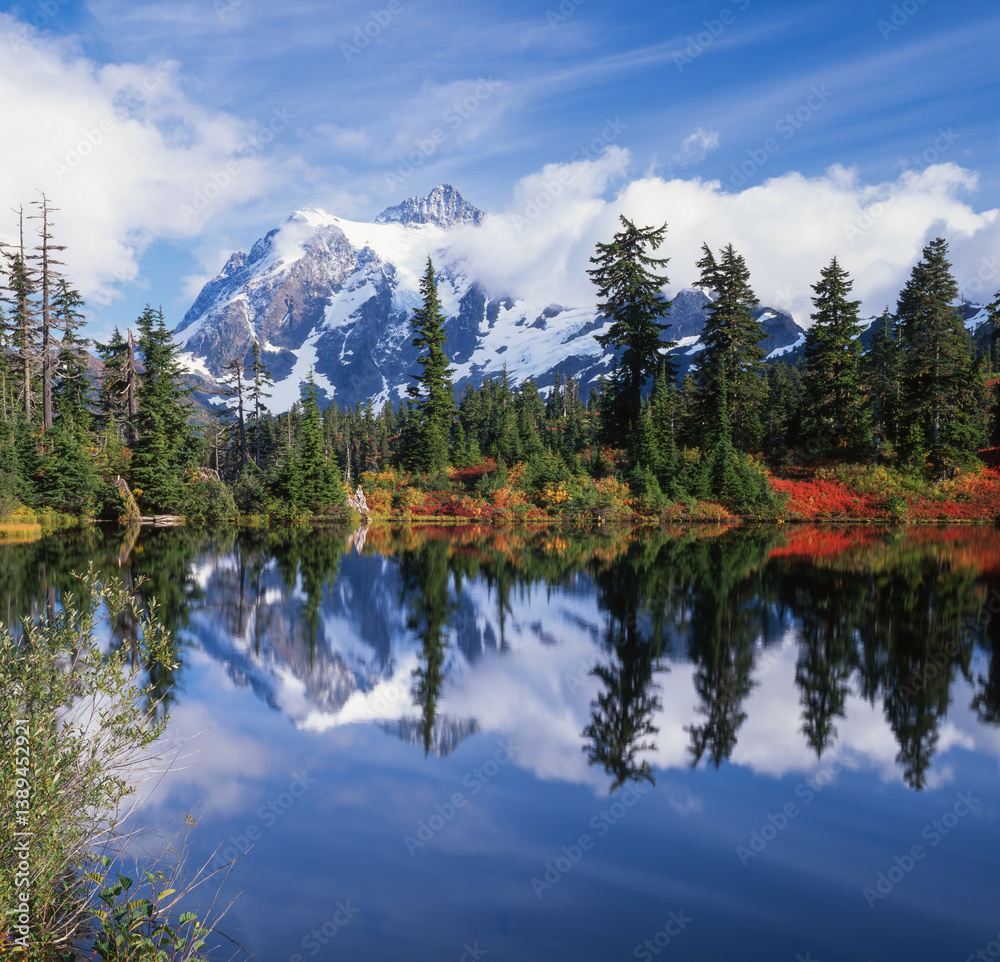 Serene lake reflection of snow capped mountain and trees