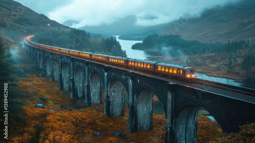 Wallpaper Mural A scenic train journey across a majestic stone viaduct with lush autumn landscapes and misty mountains in the background Torontodigital.ca