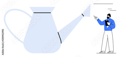 Business professional pointing at oversized watering can as a metaphor for nurturing growth, creativity, and development. Ideal for business, growth, innovation, education, strategy, leadership flat
