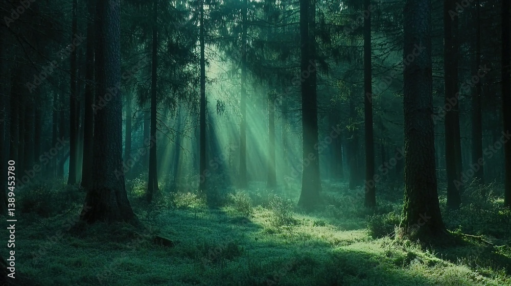 Fototapeta premium Golden sunlight filtering through towering pine trees in a misty forest, lush greenery, soft background blur, and tranquil natural landscapes with dramatic light and shadow effects.