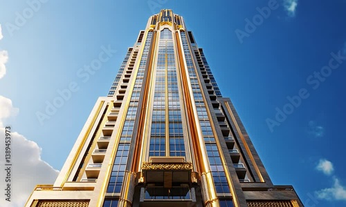 Majestic skyscraper towering against a clear blue sky, showcasing modern architecture and design