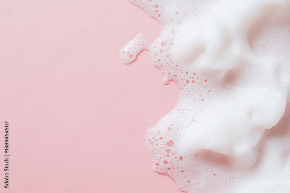 Fototapeta premium Beauty Product Foam Soap. Abstract background white soapy foam flowing texture. Shampoo foam with bubbles. Bubble surface isolated on pastel pink coral rose color. Suds. Facial cleanser. Froth Pattern