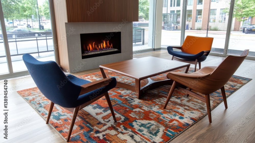 Fototapeta premium A modern indoor setting with stylish chairs and a cozy fireplace invites warmth and gathering.