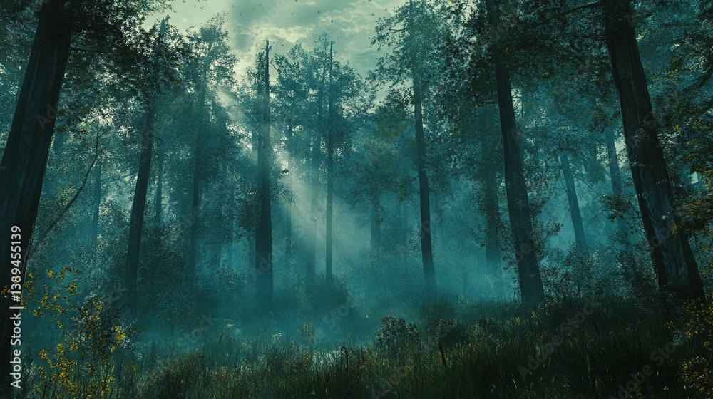 Fototapeta premium Golden sunlight filtering through towering pine trees in a misty forest, lush greenery, soft background blur, and tranquil natural landscapes with dramatic light and shadow effects.