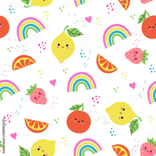 Seamless pattern with cute fruits and rainbows. Vector graphics.