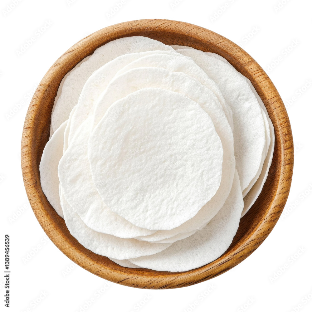 Delicate rice paper rounds await culinary creativity in a rustic wooden bowl under soft kitchen light Delicate rice paper rounds await culinary creativity in a rustic wooden bowl under soft kitchen light