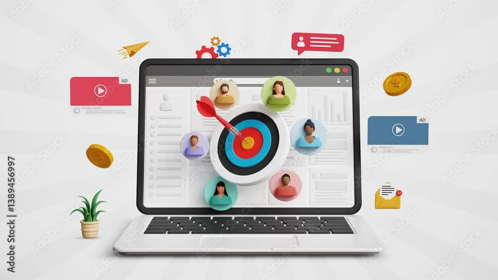 Know your customer, KYC concept. Target audience, refine marketing strategy, customer satisfaction, digital ads, online campaign. 3D bullseye with targeted customers on a laptop. 4K 3D animation Know your customer, KYC concept. Target audience, refine marketing strategy, customer satisfaction, digital ads, online campaign. 3D bullseye with targeted customers on a laptop. 4K 3D animation