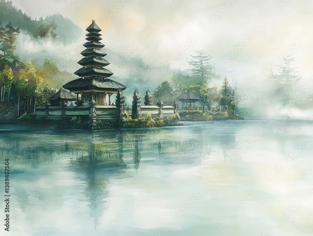 Tranquil Balinese Hindu Temple Reflected in Serene Lake Watercolor Art Mystical Landscape Peaceful Atmosphere Tranquil Balinese Hindu Temple Reflected in Serene Lake Watercolor Art Mystical Landscape Peaceful Atmosphere