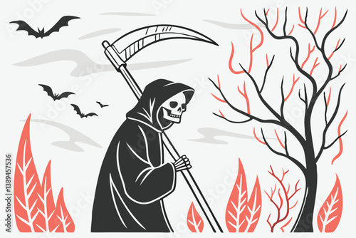 82 Halloween, Grim Reaper, death personified, scythe, skeleton, black hooded robe, flames, bats, bare trees, full moon, eerie atmosphere, vector illustration, flat design, spooky, dark fantasy, minima
