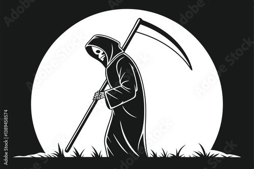 83 Dark silhouette, grim reaper, hooded figure, scythe, circle backdrop, minimalist design, black and white, iconic symbol, death personified, ominous presence, stark contrast, simple yet powerful, gr