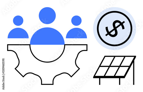 People icons in gear representing teamwork, solar panel symbolizing renewable energy, dollar sign in circle denoting financial focus. Ideal for teamwork, innovation, sustainability, finance