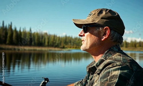 Man fishing peacefully on a lake surrounded by trees under a clear blue sky