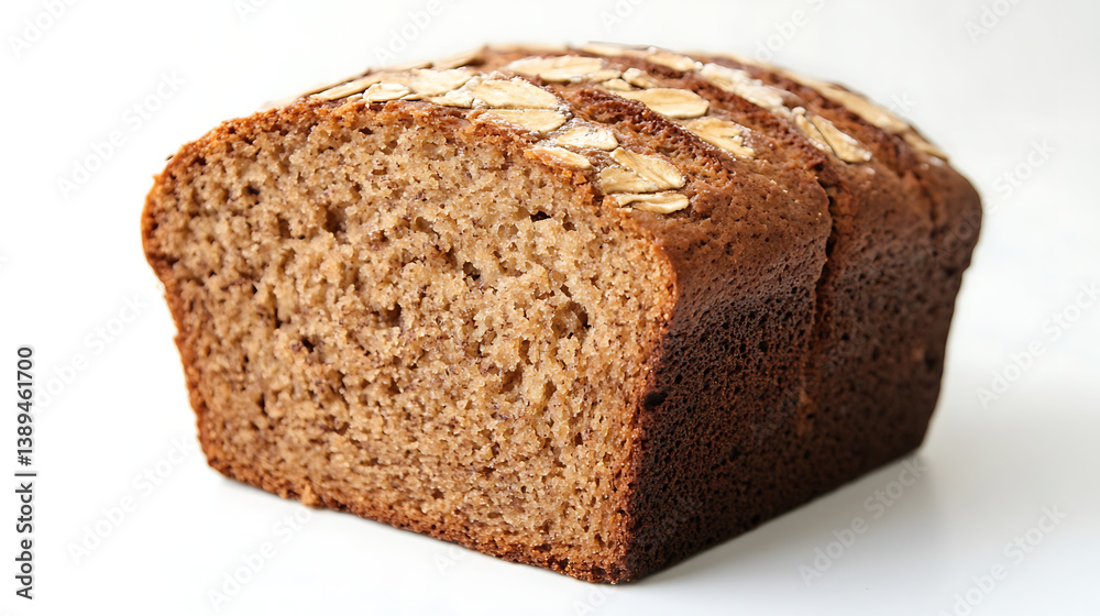 freshly baked loaf of banana bread with golden brown crust, topped with oats for added texture and visual appeal, sits on clean white background. bread appears moist and fluffy freshly baked loaf of banana bread with golden brown crust, topped with oats for added texture and visual appeal, sits on clean white background. bread appears moist and fluffy