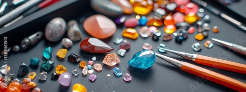 Colorful Collection of Gemstones and Art Supplies on Dark Background