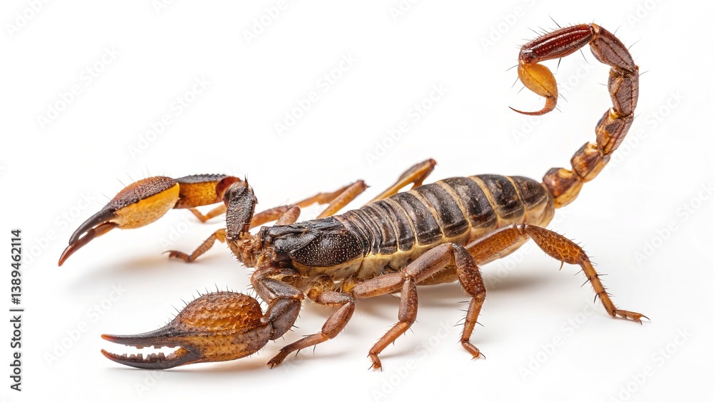 Close-Up of a Brown Scorpion with Curved Stinger and Textured Pincers Close-Up of a Brown Scorpion with Curved Stinger and Textured Pincers