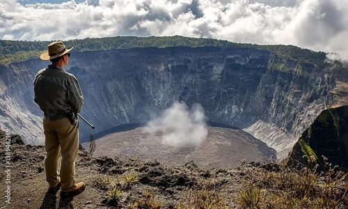 Man gazing into a volcanic crater surrounded by lush greenery and cloudy sky