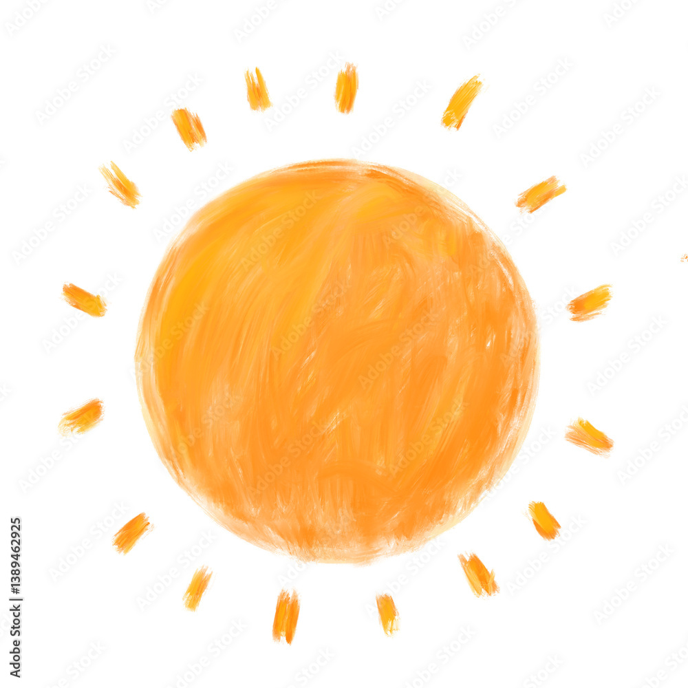 Sun painted in childish doodle style on transparent background. PNG illustration