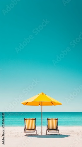 Yellow Beach Umbrella and Chairs on Tropical Beach