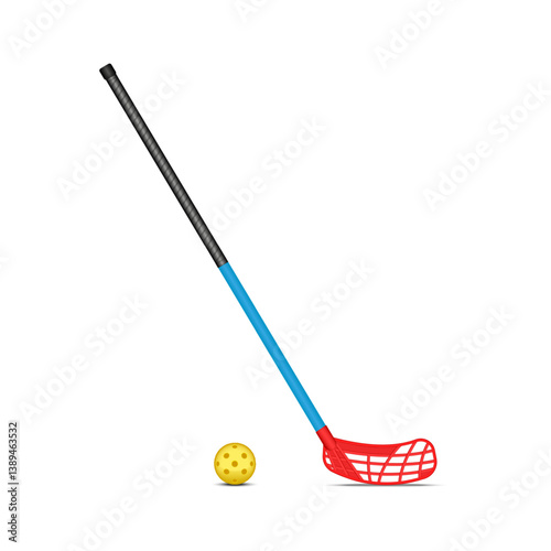 Floorball stick with red blade and yellow hollow plastic ball with holes isolated on white background, realistic 3d vector sports set equipment for indoor game.