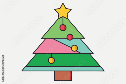 Christmas tree vector illustration with decorations and winter holiday theme.