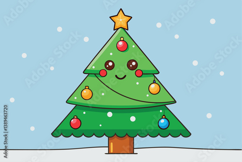 Christmas tree vector illustration with decorations and winter holiday theme.