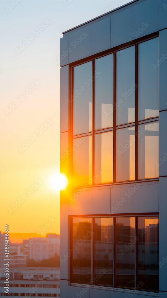 Modern Glass Building at Sunset, City Skyline Reflected in Windows Modern Glass Building at Sunset, City Skyline Reflected in Windows