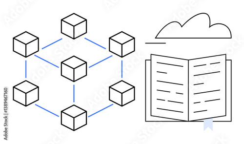 Connected blocks forming a network next to an open book under a cloud. Ideal for blockchain, education, data sharing, digital storage, decentralization, technology, cloud computing. Flat simple