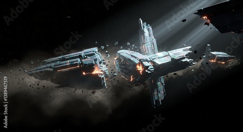 Wreckage of a Spaceship Breaking Apart in Deep Space After a Cataclysmic Battle, Leaving a Debris Field Scattered Among the Stars photo