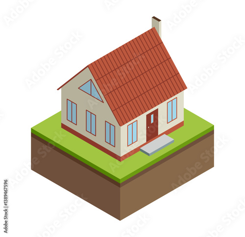 House construction Isometric stage. Visualization of modern building process. Landscape design phase