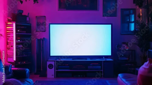 Blank Smart Tv in the dark Living Room. 