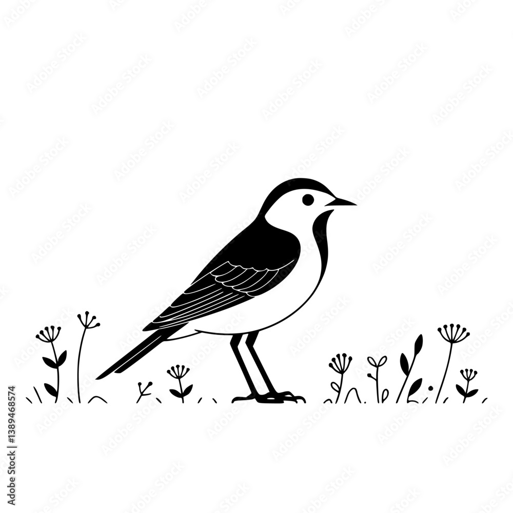 Fototapeta premium Minimalist Wagtail Bird Illustration in Black and White