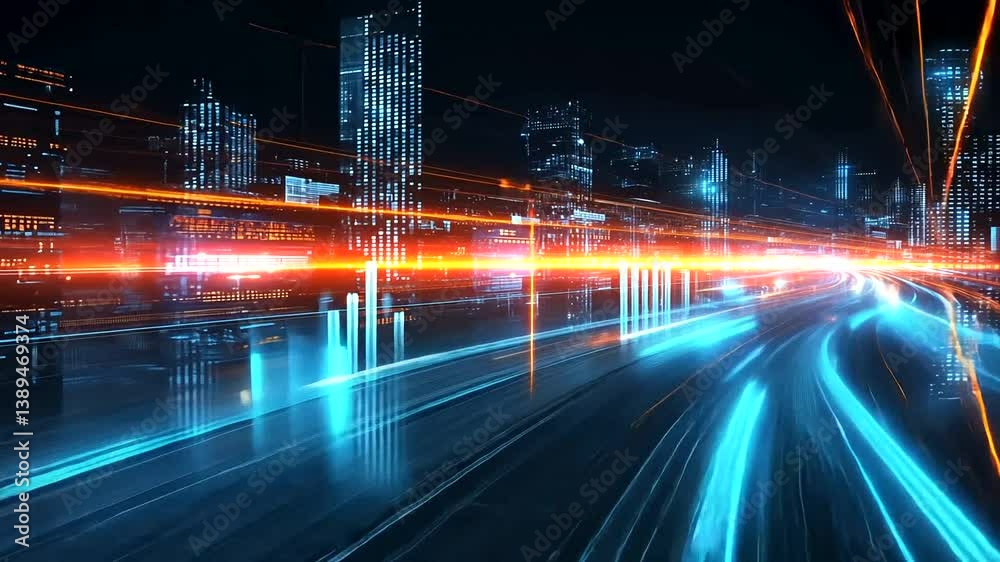 Futuristic highway data flow, city night