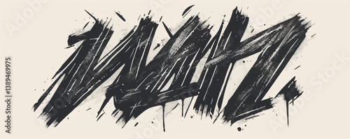 Dynamic black brush stroke graffiti on light background.