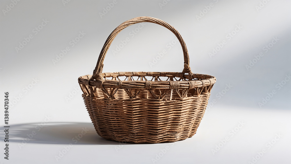 Fototapeta premium Rustic Wicker Basket With Handle For Storage Or Decoration On White Background
