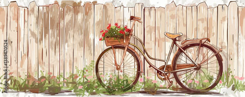 Vintage bicycle with floral basket leaning against wooden fence in rustic garden.