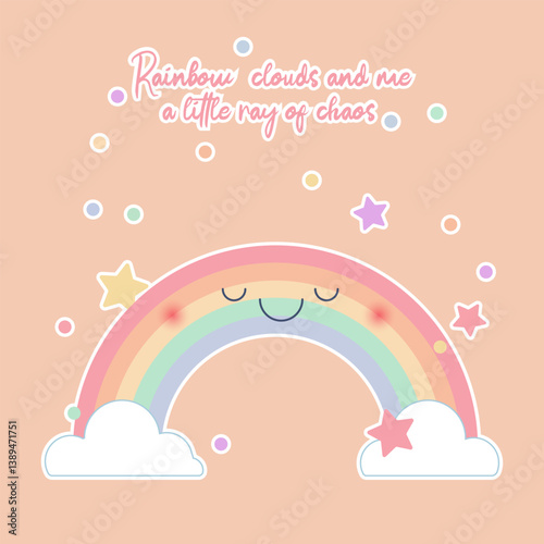 Rainbow, clouds, stars, text, Rainbow clouds, and I am a little ray of chaos, light coral background