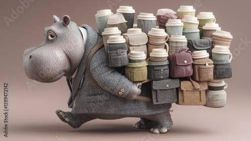 whimsical hippo in suit carries large stack of colorful containers, showcasing blend of humor and creativity