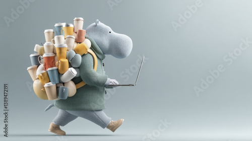whimsical hippo character carries large stack of colorful coffee cups while using laptop, showcasing playful and busy atmosphere