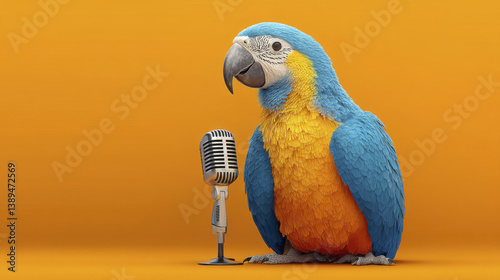 vibrant blue and yellow parrot stands next to vintage microphone, creating lively and cheerful atmosphere