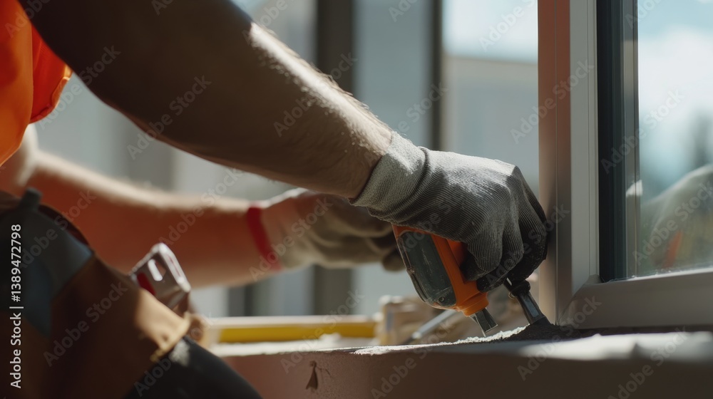 A construction worker sealing windows at a building site. Featuring detail and precision A construction worker sealing windows at a building site. Featuring detail and precision