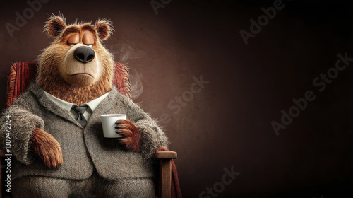 relaxed bear in suit enjoying warm beverage, exuding calm and cozy atmosphere