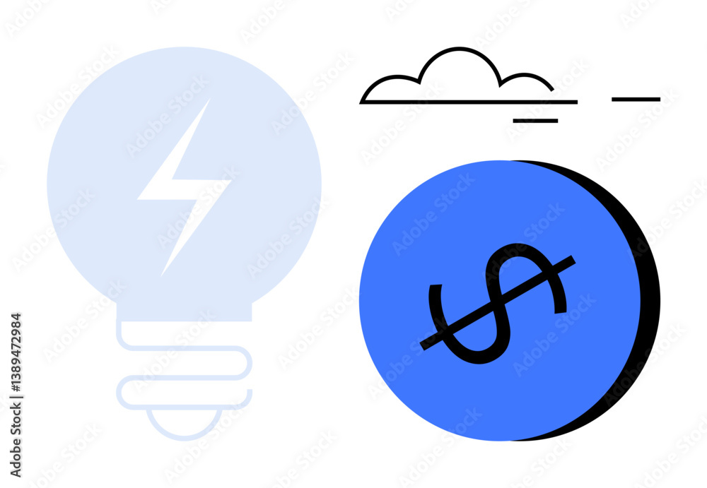 Light bulb with lightning bolt, dollar coin, and clouds. Ideal for finance, creativity, innovation, energy efficiency, investment strategies economic growth modern business concepts. Abstract line Light bulb with lightning bolt, dollar coin, and clouds. Ideal for finance, creativity, innovation, energy efficiency, investment strategies economic growth modern business concepts. Abstract line